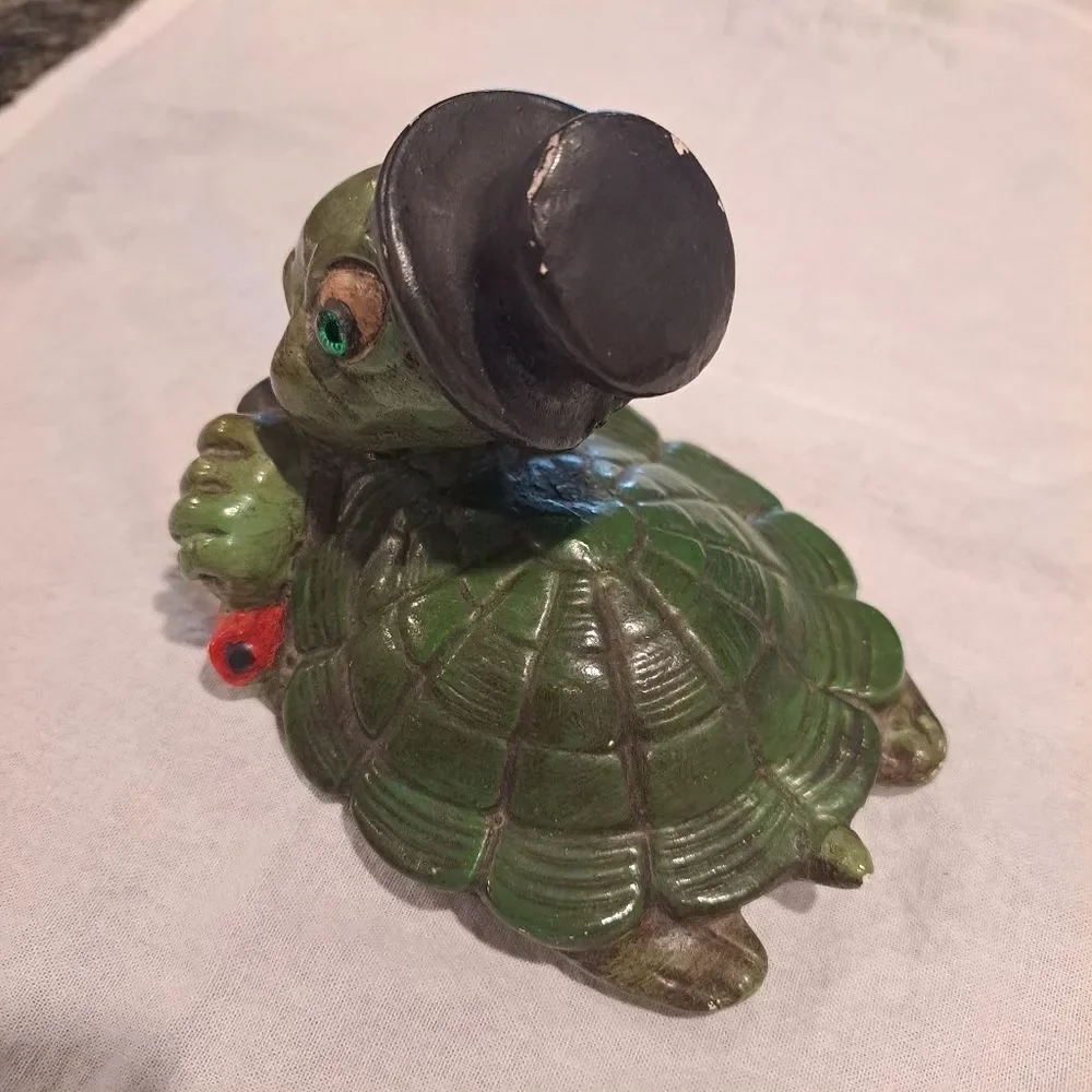 Vintage ceramic art turtle statue figurine with top hat and bow tie cottagecore